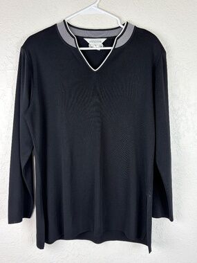 Exclusively Misook Women’s Knit Tunic Top Large Padded Shoulder Vneck Black